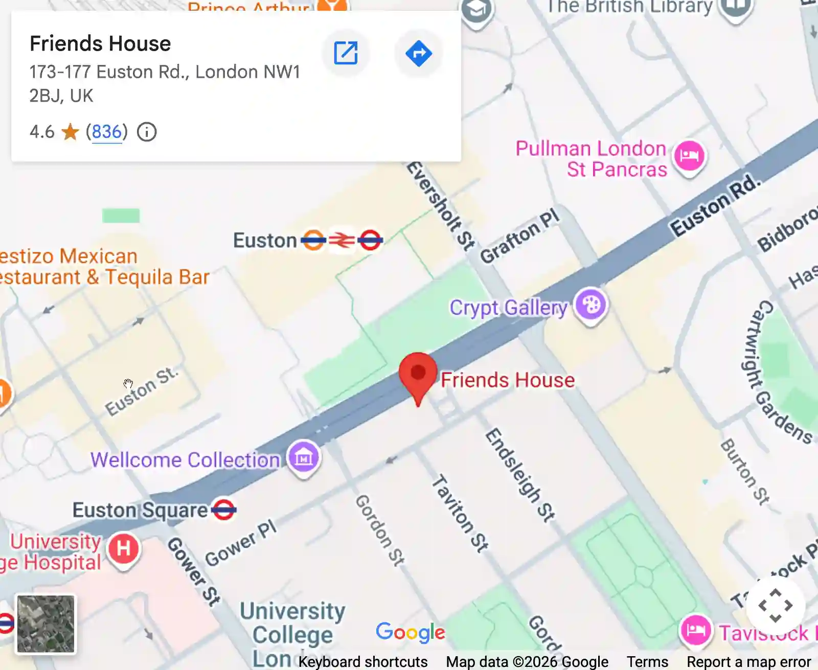 Map showing Friends House opposite Euston Station